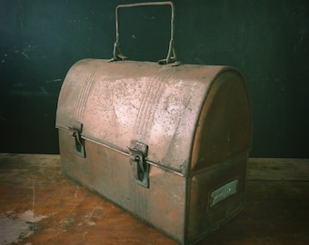 Vintage 1920s Copper Metal Lunchbox with Name Plate