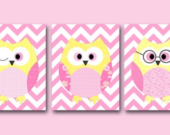 Kids Decor Kids Wall Art Owl Decor Baby Girl Room Decor Baby Girl Nursery Print Baby Girl Nursery Decor Kids Art set of 3 Pink Yellow