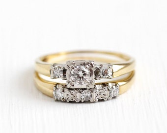 Sale - Vintage Diamond Ring Set - .31 CTW 14k Yellow White Gold Engagement Ring and Wedding Band - Mid Century 1950s Size 8 Bridal Jewelry