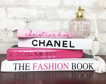 4 BOOK PYRAMID - Pink/Silver/White/Black - Designer Book Set, Chanel, Dior, Kate Moss, The Fashion Book, Coco Chanel, Luxury Home Decor