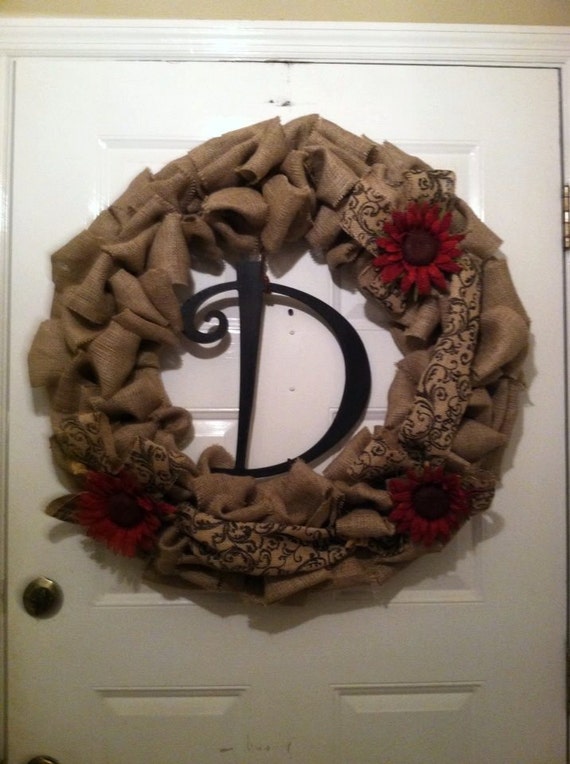 Burlap Wreath - Housewarming Gift - Bridal Shower Gift - Monogram Home Decor - Rustic Wedding - Everyday Wreath - Front Door Wreath -