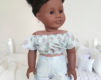 18 inch doll floral peasant blouse | teal / turquoise crop top