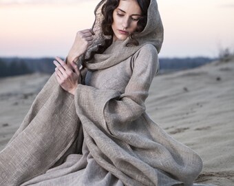 Fantasy Dress "Wanderer"; hooded dress; flax dress