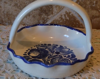 Handmade Terra Cotta Blue and Off White Basket~Glaze Rough~Not For Food~EUC~Cute!