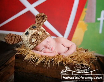 Baby Cow Beanie Newborn to 3 Months, Brown Cow, Newborn hat