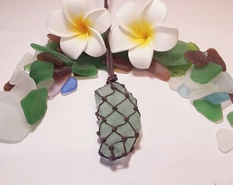 Hawaiian Seafoam Sea Glass Netted Macrame Necklace