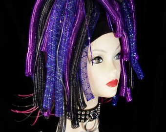 Blue Purple black metallic Cyberlox hair falls clubbing rave cyber goth gogo dance club wear edc raver -Ready to Ship- Sisters of the Moon