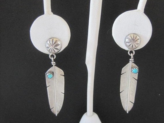 Native American Earrings, Sterling Turquoise Feathers, Pierced Earrings