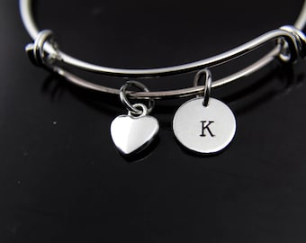 Love Heart Bracelet Silver Heart Charm Bangle Heart Charm Heart Jewelry Romantic Gift Personalized Bangle Initial Bracelet