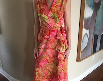 Long Multi Color Floral Print Long Ruffle Belted Dress 1970 Joan Curtis