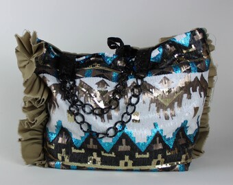 CHEROKEE CHIEF/ SHOPPER (One of a kind extra large shopper in sequins, canvas and leather)