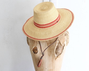 Wide brim straw hat with flat top & leather strap | fair trade