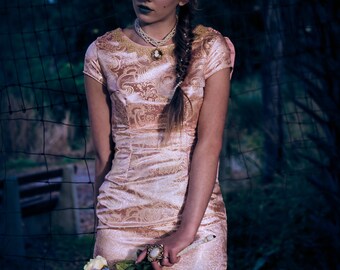 SAMPLE SALE Marie Antoinette Inspired Brides Maid Dress-Pink and Gold Brocade with sack back