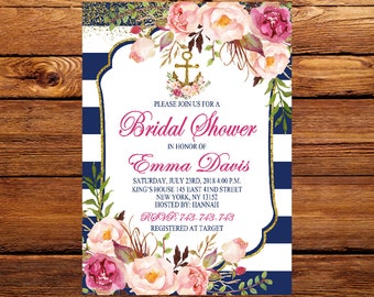 Nautical Bridal Shower Invitation Floral Anchor Wedding Shower Invitations, Navy And Gold Bridal Shower,Anchor Invitation Bridal Shower 80