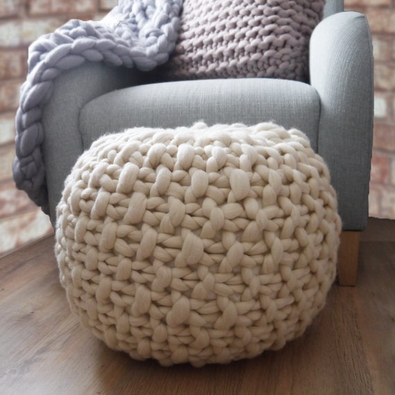 White knitted pouf ottoman footstool cream pouffe ottoman