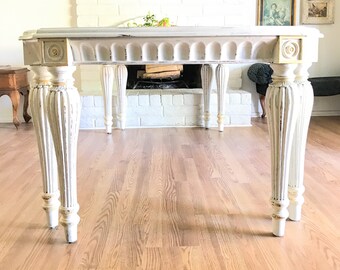 Vintage Louis XVI Neoclassical Style French Country Distress Painted Solid Mahogany Urban Farmhouse Dining Table