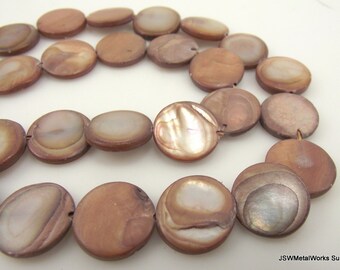 Mauve Mother of Pearl Beads, Puffed Flat Round Beads, 13 - 14 mm, 15 inch Strand, Whole Strand