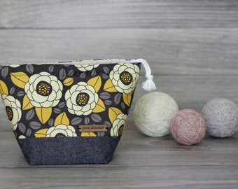 Knitting Project Bag | Yellow Grey Floral Sock Sack Yarnmonster Knitting Project Bag