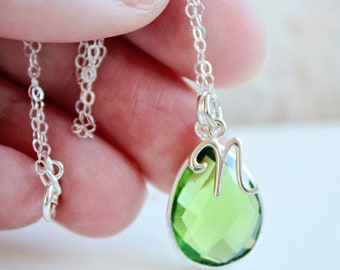 Peridot Necklace Silver Initial Necklace August Birthstone Jewelry Peridot Jewelry August Birthday Gift for Her Gemstone Necklace Layering