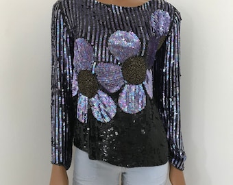 Deco Sequined Top Made in India Beaded Gatsby Silk Blouse