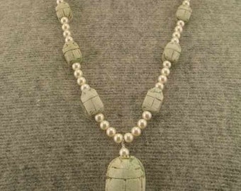 Egyptian Beetle Scarab Pearl Necklace Set 20% Off