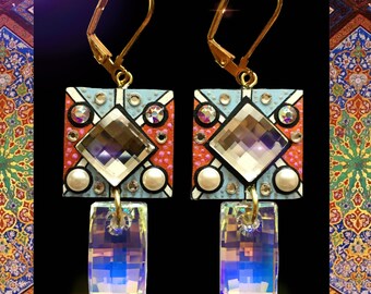 Unique Earrings- Swarovski Crystals, Hand painted