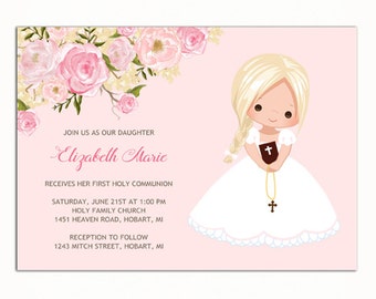 Girl First Communion Invitation, Invitacion Primera Comunión, Printable 1st Communion Invitation, Pink First Holy Communion Invitation
