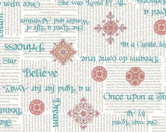 SALE !!!! A Royal Princess, Teal Phrases on White Cotton Woven, Quilting Treasures