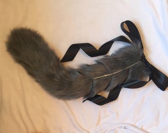 Luxury Steel Grey with Chain Add On Kitten Play BDSM Tail Faux Fur 25 Inch