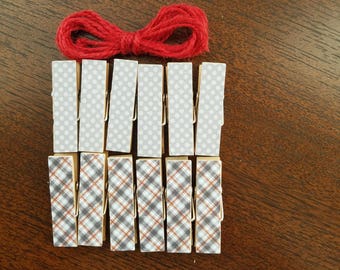Rustic Cabin Gray and Red, Plaid and Polka Dots, Clips w Twine for Photo Display, Chunky Little Clothespin Set of 12, Gifts Under 10