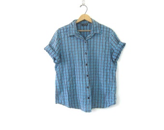 Vintage Plaid Shirt Thin Blue Button Up Tomboy Shirt Thin Cotton Boyfriend Shirt 80s Short Sleeve Top Casual Hipster Shirt Womens XL