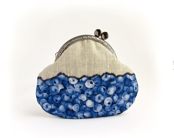 Blue Blueberries Linen Coin Purse, Berries Kawaii with kisslock, Made to order