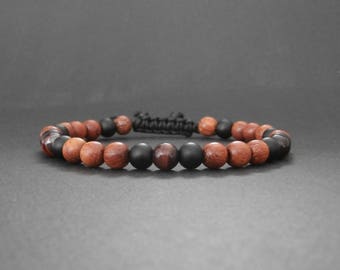 Mens natural beaded bracelet wood bayong, red Tiger eye and onyx