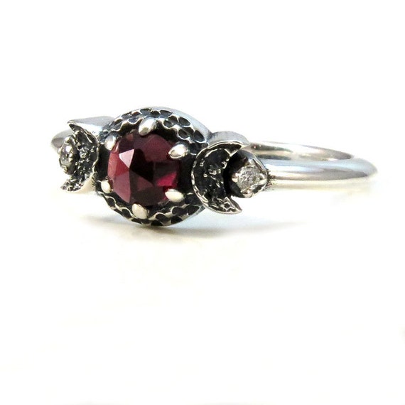 Blood Moon Ring with Diamonds and a Rose Cut Red Garnet - Sterling Silver Promise Ring