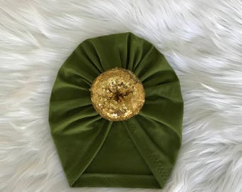 Olive green|gold|top Knot Turban