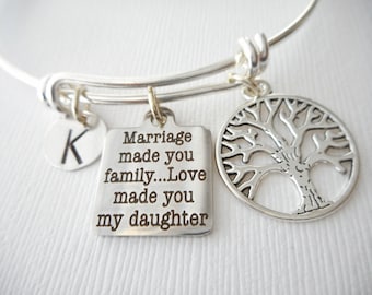 Marriage Made You Family, Love Made You My Daughter, Tree- Initial Bangle/ Daughter in law gift, future Daughter in law bracelet gift