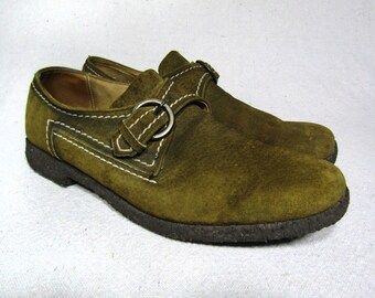 sz. 9.5 | vintage 60s mens olive green shoes, mens suede shoes, gum sole shoes, mens loafers, vintage mens leather shoes, monk strap shoes