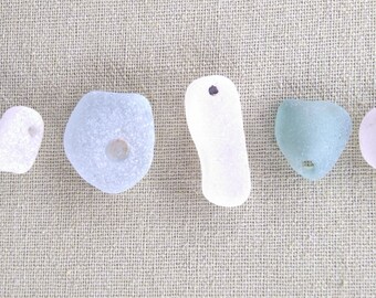 5 Nicely Frosted Loose Sea Glass Pieces From Scotland - White & Aqua Seaglass With Pre-Existing Holes, Including A Possible Button