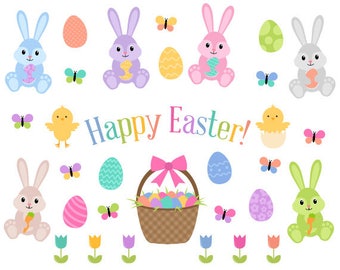 Easter Clip Art, Easter Bunny Clip Art, Easter Egg Clipart, Pastel Easter Clipart, Instant Download, Commercial Use