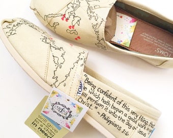 Custom world map shoes - gift for traveler - handpainted toms - gift for explorer - moving away gift - home away from home - custom shoes