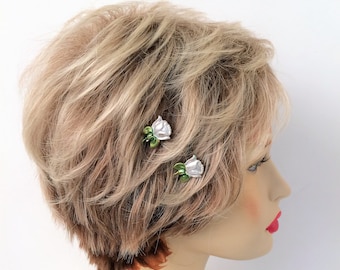 Rose bobby pins, White Roses, Set of 2