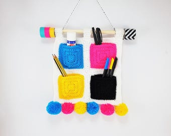 CMYK Hanging Organiser / Hanging Storage / Crocheted Organiser / With Pompoms / Handmade/ Useful / Cyan Magenta Yellow Black / Ready To Ship