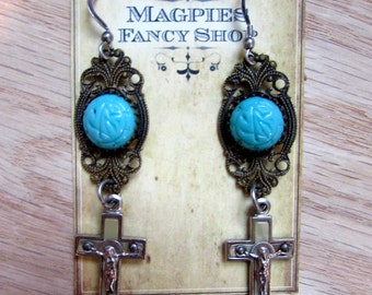 Sante Fe Style Cross Earrings Artist Assemblage Antique Blue Glass and Enamel