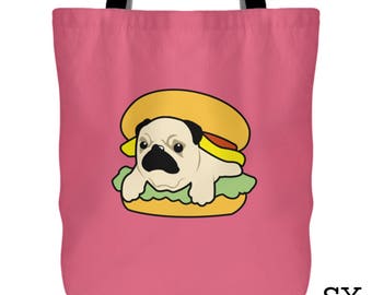 Hamburger Pug Tote Bag - Pug Bag, Pug Burger Tote Bag, Pug Burger Bag, Hamburger Pug Bag, Pug Tote Bag, Dog Tote Bag, Cute Pug Bag