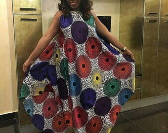 Multicoloured loose summer ankara dress, sleeveless. High neck covers the entire body, summer dress, Ankara print dress.