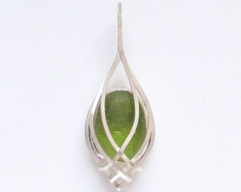 Sea Glass Jewelry - Sterling Olive Green Sea Glass Pendant