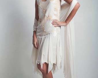 flapper dress wedding bridal scarf vintage 80s does 20s cream beaded sequined drop waist SMALL MEDIUM S M