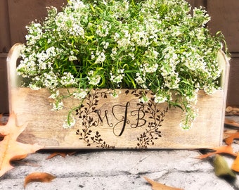 Custom Wood Burned Monogrammed Shabby Chic Planter Box