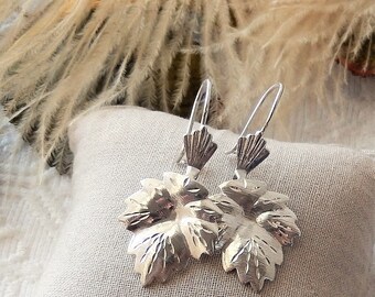 Vintage Sterling Silver Maple Leaf Dangle Pierced Earrings