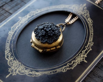 Gold Photo Locket - Victorian Mourning Black Floral Necklace
